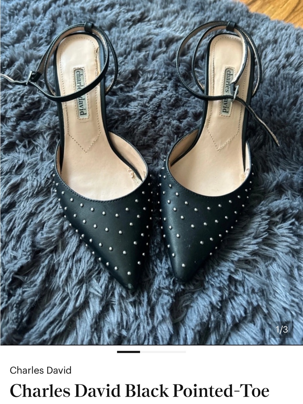 Charles David Black Studded Pointed-Toe Ankle-Strap Pumps